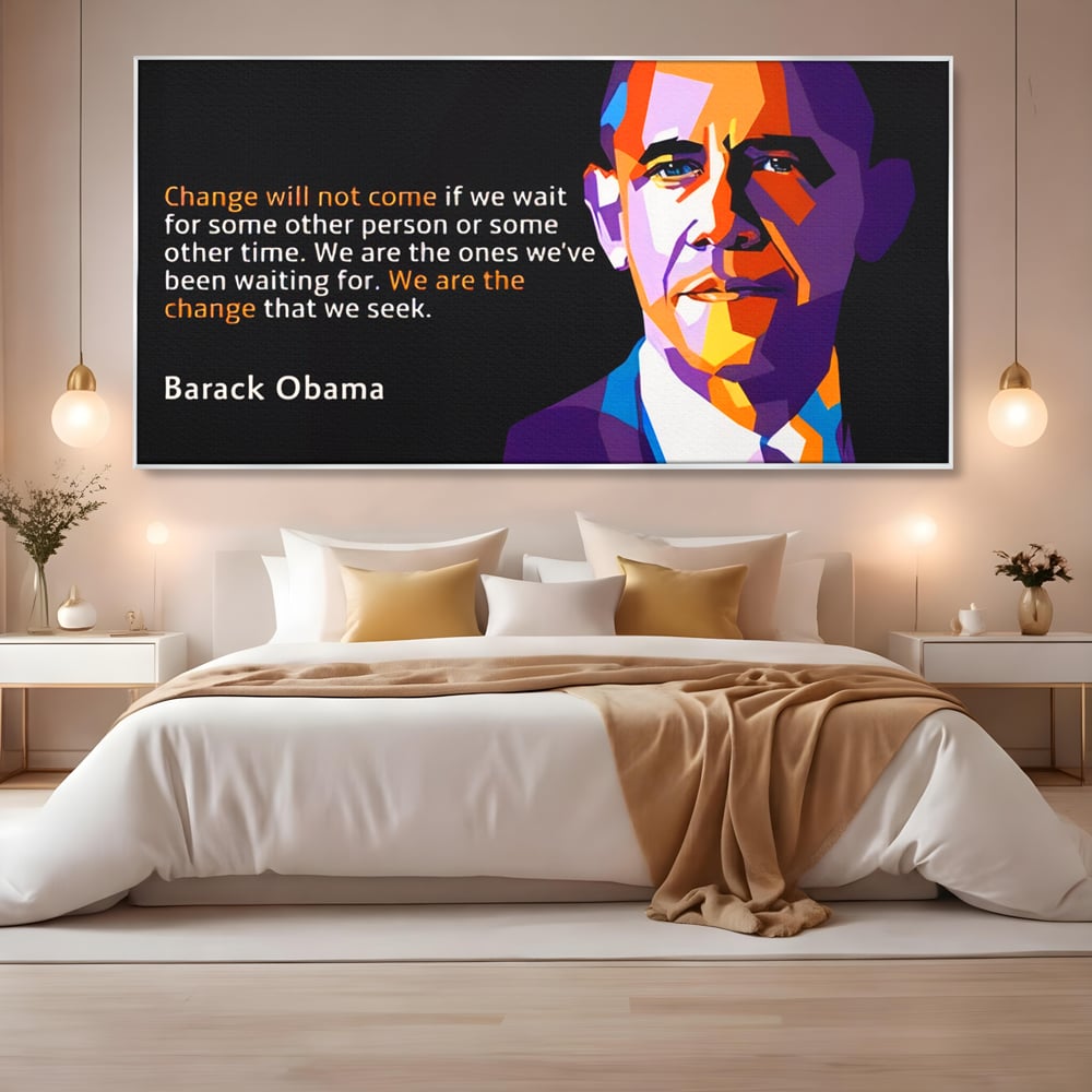 Tablou canvas cu tablou canvas cu portretul stilizat al lui barack obama, in rama de aluminiu argintiu, pe perete intr-un dormitor